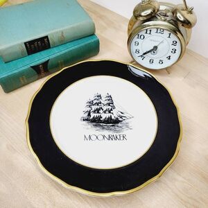 Mid century vintage syracuse china black and gold plate with ship
